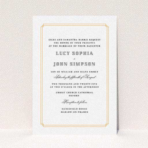 A personalised wedding invitation template titled "Simplistic Notch Frame". It is an A5 invite in a portrait orientation. "Simplistic Notch Frame" is available as a flat invite, with tones of orange and white.