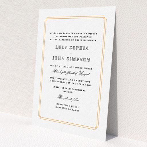 A personalised wedding invitation template titled 'Simplistic Notch Frame'. It is an A5 invite in a portrait orientation. 'Simplistic Notch Frame' is available as a flat invite, with tones of orange and white.