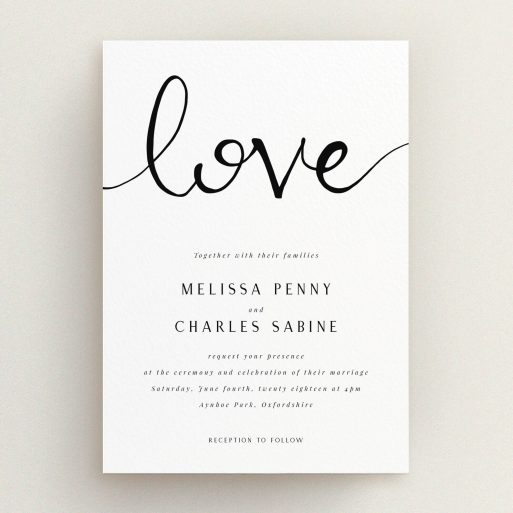 A personalised wedding invitation design titled "Simply Love". It is an A5 invite in a portrait orientation. "Simply Love" is available as a flat invite, with tones of white and black.