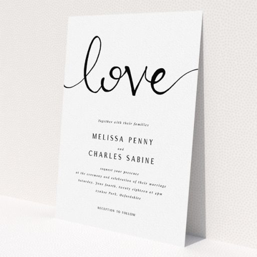 A personalised wedding invitation design titled 'Simply Love'. It is an A5 invite in a portrait orientation. 'Simply Love' is available as a flat invite, with tones of white and black.