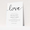 A personalised wedding invitation design titled "Simply Love". It is an A5 invite in a portrait orientation. "Simply Love" is available as a flat invite, with tones of white and black.
