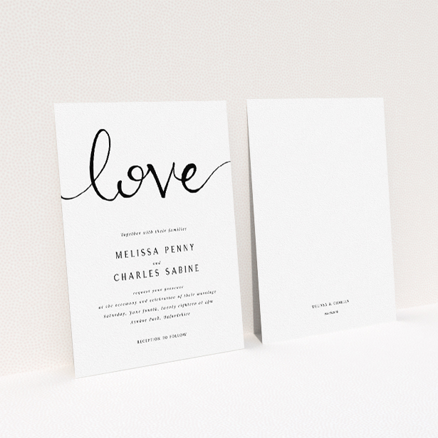 A personalised wedding invitation design titled "Simply Love". It is an A5 invite in a portrait orientation. "Simply Love" is available as a flat invite, with tones of white and black.