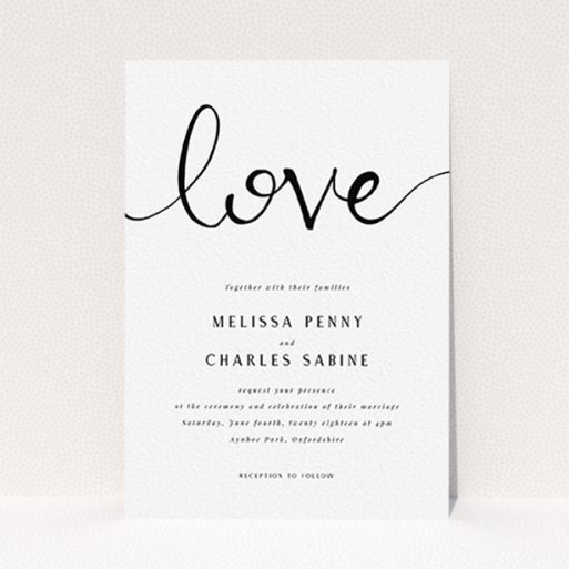 A personalised wedding invitation design called "Simply Love". It is an A6 invite in a portrait orientation. "Simply Love" is available as a flat invite, with tones of white and black.