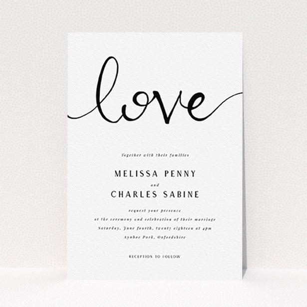 A personalised wedding invitation design called "Simply Love". It is an A6 invite in a portrait orientation. "Simply Love" is available as a flat invite, with tones of white and black.