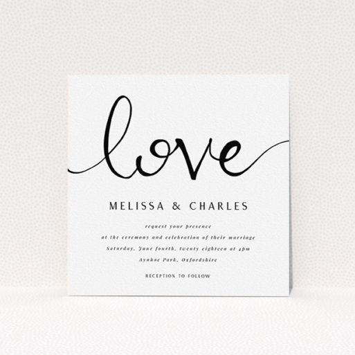 A personalised wedding invitation design called "Simply Love". It is a square (148mm x 148mm) invite in a square orientation. "Simply Love" is available as a flat invite, with tones of white and black.
