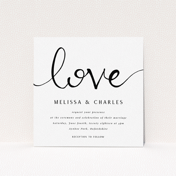 A personalised wedding invitation design called "Simply Love". It is a square (148mm x 148mm) invite in a square orientation. "Simply Love" is available as a flat invite, with tones of white and black.