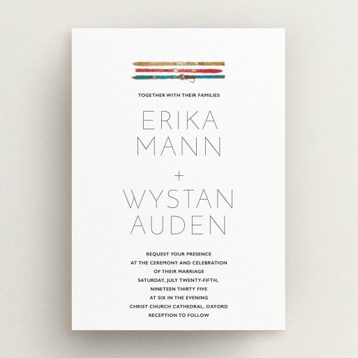 A personalised wedding invitation template titled "Ski pass". It is an A5 invite in a portrait orientation. "Ski pass" is available as a flat invite, with tones of white and blue.