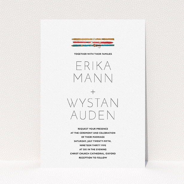 A personalised wedding invitation template titled "Ski pass". It is an A5 invite in a portrait orientation. "Ski pass" is available as a flat invite, with tones of white and blue.