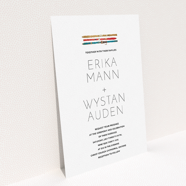 A personalised wedding invitation template titled "Ski pass". It is an A5 invite in a portrait orientation. "Ski pass" is available as a flat invite, with tones of white and blue.