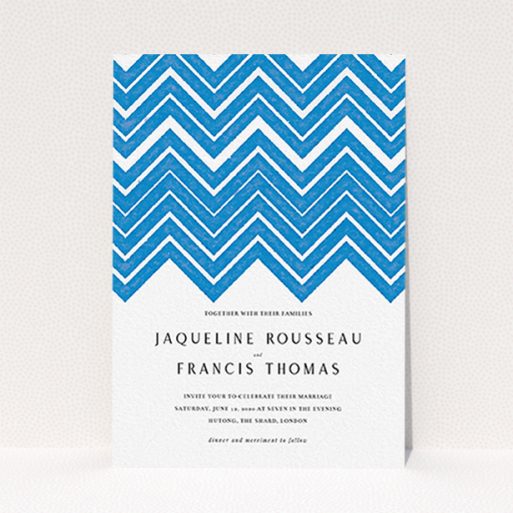 A personalised wedding invitation design named "Skiapthos". It is an A6 invite in a portrait orientation. "Skiapthos" is available as a flat invite, with tones of blue and white.