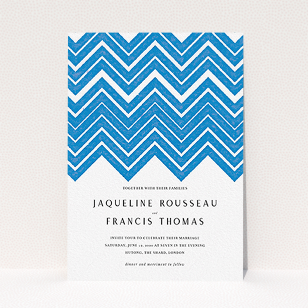 A personalised wedding invitation design named "Skiapthos". It is an A6 invite in a portrait orientation. "Skiapthos" is available as a flat invite, with tones of blue and white.
