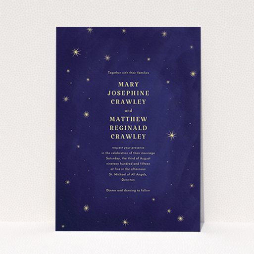 A personalised wedding invitation design titled "Sky at night". It is an A6 invite in a portrait orientation. "Sky at night" is available as a flat invite, with tones of dark blue and yellow.
