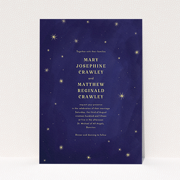 A personalised wedding invitation design titled "Sky at night". It is an A6 invite in a portrait orientation. "Sky at night" is available as a flat invite, with tones of dark blue and yellow.