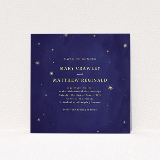 A personalised wedding invitation design called "Sky at night". It is a square (148mm x 148mm) invite in a square orientation. "Sky at night" is available as a flat invite, with tones of dark blue and yellow.