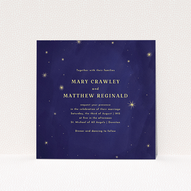 A personalised wedding invitation design called "Sky at night". It is a square (148mm x 148mm) invite in a square orientation. "Sky at night" is available as a flat invite, with tones of dark blue and yellow.