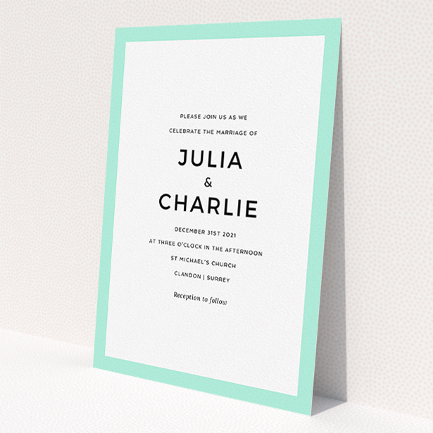 A personalised wedding invitation design named "Slight Frame". It is an A5 invite in a portrait orientation. "Slight Frame" is available as a flat invite, with tones of green and white.