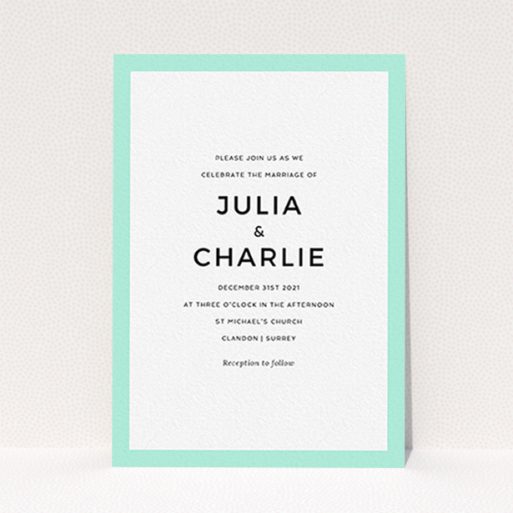 A personalised wedding invitation template titled "Slight Frame". It is an A6 invite in a portrait orientation. "Slight Frame" is available as a flat invite, with tones of green and white.