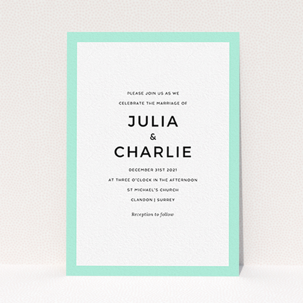 A personalised wedding invitation template titled "Slight Frame". It is an A6 invite in a portrait orientation. "Slight Frame" is available as a flat invite, with tones of green and white.