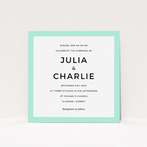 A personalised wedding invitation design titled "Slight Frame". It is a square (148mm x 148mm) invite in a square orientation. "Slight Frame" is available as a flat invite, with tones of green and white.