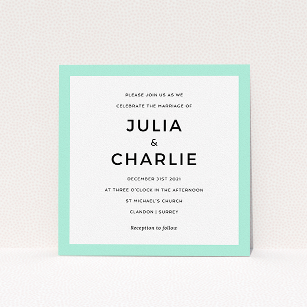 A personalised wedding invitation design titled "Slight Frame". It is a square (148mm x 148mm) invite in a square orientation. "Slight Frame" is available as a flat invite, with tones of green and white.