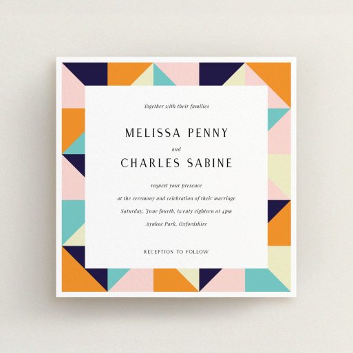 A personalised wedding invitation design called "Sloane Squares". It is a square (148mm x 148mm) invite in a square orientation. "Sloane Squares" is available as a flat invite, with mainly orange colouring.