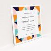 A personalised wedding invitation design called "Sloane Squares". It is a square (148mm x 148mm) invite in a square orientation. "Sloane Squares" is available as a flat invite, with mainly orange colouring.