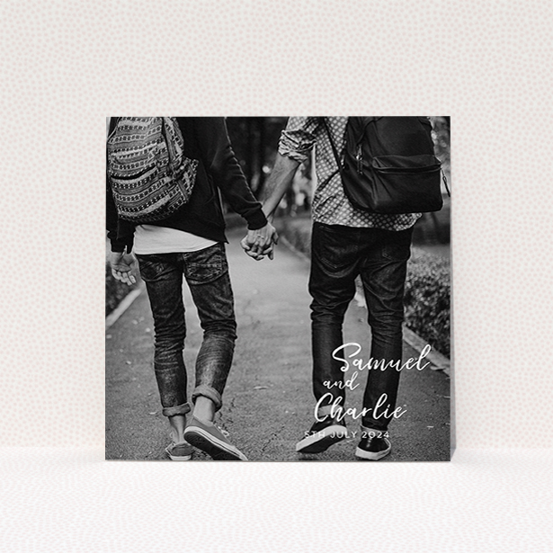 A personalised wedding invitation design named "Soho Script". It is a square (148mm x 148mm) invite in a square orientation. It is a photographic personalised wedding invitation with room for 1 photo. "Soho Script" is available as a flat invite, with mainly white colouring.