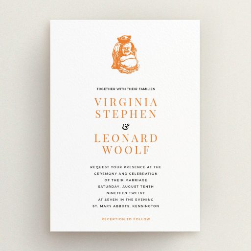 A personalised wedding invitation named "Spiritual orange". It is an A5 invite in a portrait orientation. "Spiritual orange" is available as a flat invite, with tones of white and orange.