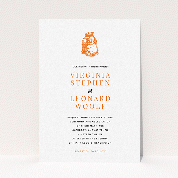 A personalised wedding invitation named "Spiritual orange". It is an A5 invite in a portrait orientation. "Spiritual orange" is available as a flat invite, with tones of white and orange.