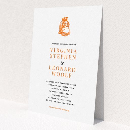 A personalised wedding invitation named 'Spiritual orange'. It is an A5 invite in a portrait orientation. 'Spiritual orange' is available as a flat invite, with tones of white and orange.