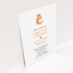 A personalised wedding invitation named "Spiritual orange". It is an A5 invite in a portrait orientation. "Spiritual orange" is available as a flat invite, with tones of white and orange.
