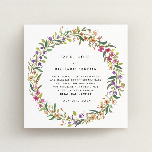 A personalised wedding invitation named "Spring Florist". It is a square (148mm x 148mm) invite in a square orientation. "Spring Florist" is available as a flat invite, with tones of light green and orange.