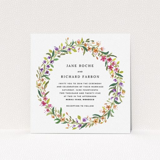 A personalised wedding invitation named "Spring Florist". It is a square (148mm x 148mm) invite in a square orientation. "Spring Florist" is available as a flat invite, with tones of light green and orange.