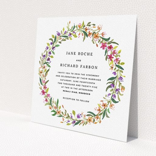 A personalised wedding invitation named 'Spring Florist'. It is a square (148mm x 148mm) invite in a square orientation. 'Spring Florist' is available as a flat invite, with tones of light green and orange.
