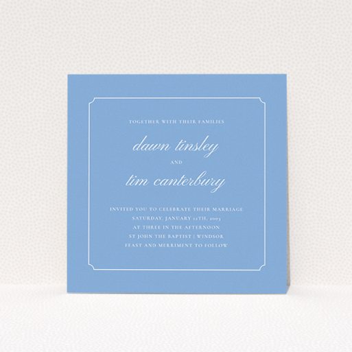 A personalised wedding invitation called "Square slant". It is a square (148mm x 148mm) invite in a square orientation. "Square slant" is available as a flat invite, with tones of blue and white.