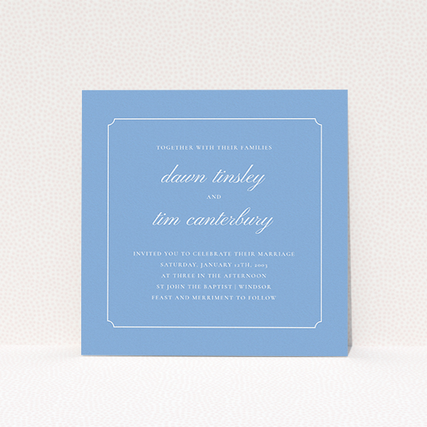 A personalised wedding invitation called "Square slant". It is a square (148mm x 148mm) invite in a square orientation. "Square slant" is available as a flat invite, with tones of blue and white.