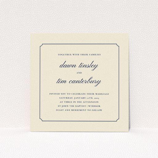A personalised wedding invitation named "Square slant". It is a square (148mm x 148mm) invite in a square orientation. "Square slant" is available as a flat invite, with tones of cream and navy blue.