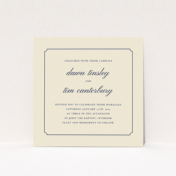 A personalised wedding invitation named "Square slant". It is a square (148mm x 148mm) invite in a square orientation. "Square slant" is available as a flat invite, with tones of cream and navy blue.
