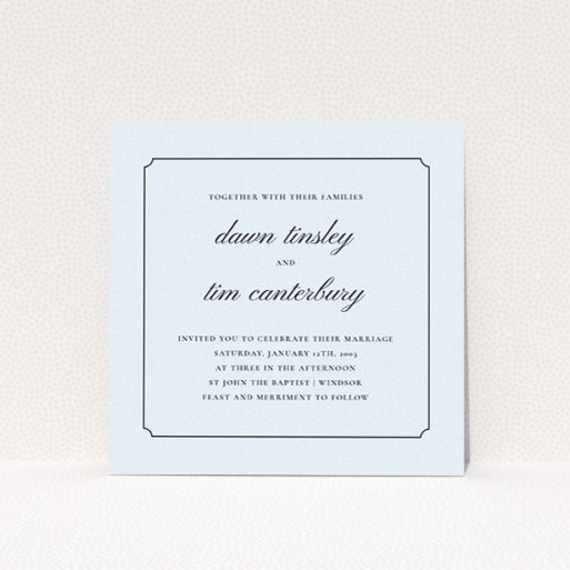 A personalised wedding invitation design called "Square slant". It is a square (148mm x 148mm) invite in a square orientation. "Square slant" is available as a flat invite, with mainly light blue colouring.