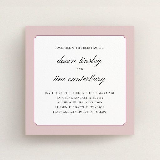 A personalised wedding invitation design titled "Square slant". It is a square (148mm x 148mm) invite in a square orientation. "Square slant" is available as a flat invite, with tones of pink and white.