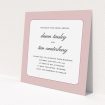 A personalised wedding invitation design titled "Square slant". It is a square (148mm x 148mm) invite in a square orientation. "Square slant" is available as a flat invite, with tones of pink and white.
