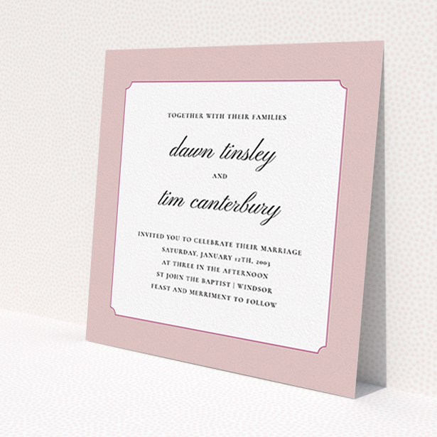 A personalised wedding invitation design titled "Square slant". It is a square (148mm x 148mm) invite in a square orientation. "Square slant" is available as a flat invite, with tones of pink and white.