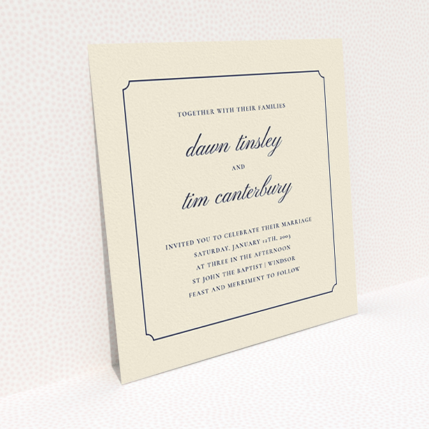 A personalised wedding invitation named "Square slant". It is a square (148mm x 148mm) invite in a square orientation. "Square slant" is available as a flat invite, with tones of cream and navy blue.