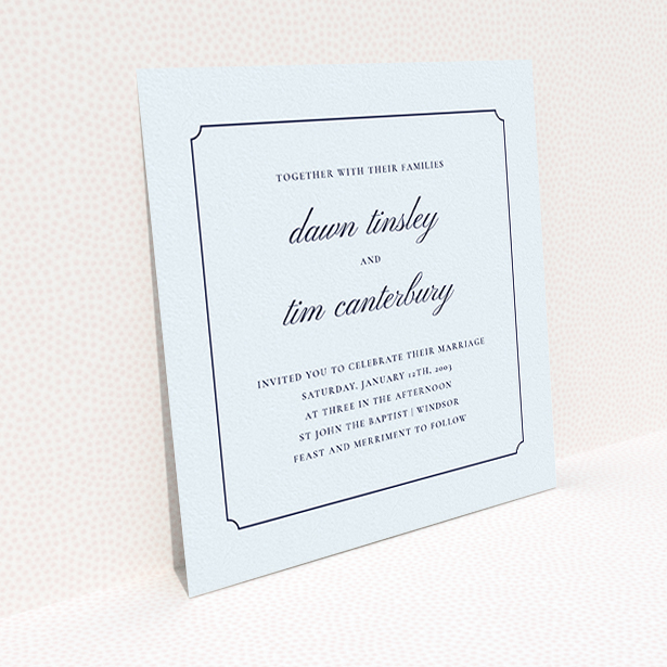A personalised wedding invitation design called "Square slant". It is a square (148mm x 148mm) invite in a square orientation. "Square slant" is available as a flat invite, with mainly light blue colouring.