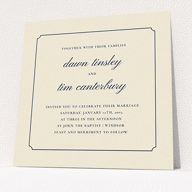 A personalised wedding invitation named "Square slant". It is a square (148mm x 148mm) invite in a square orientation. "Square slant" is available as a flat invite, with tones of cream and navy blue.