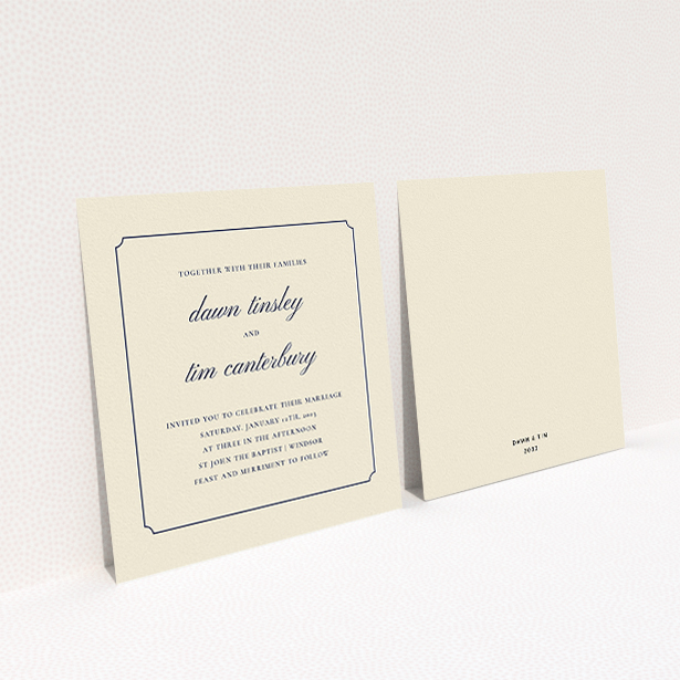 A personalised wedding invitation named "Square slant". It is a square (148mm x 148mm) invite in a square orientation. "Square slant" is available as a flat invite, with tones of cream and navy blue.