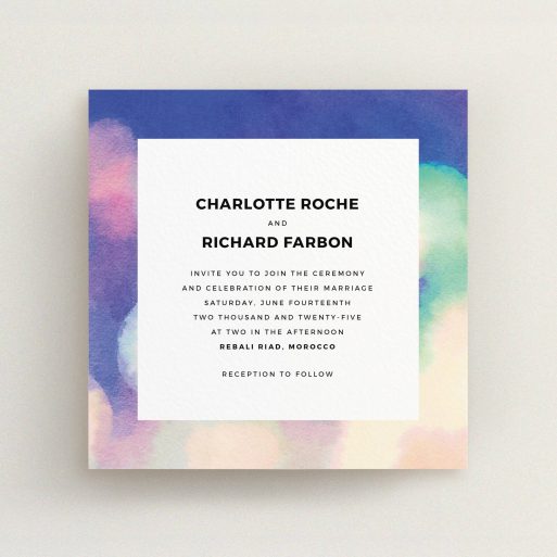 A personalised wedding invitation named "Street lights". It is a square (148mm x 148mm) invite in a square orientation. "Street lights" is available as a flat invite, with tones of blue, cream and light green.