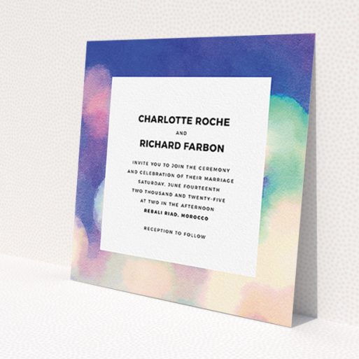 A personalised wedding invitation named 'Street lights'. It is a square (148mm x 148mm) invite in a square orientation. 'Street lights' is available as a flat invite, with tones of blue, cream and light green.