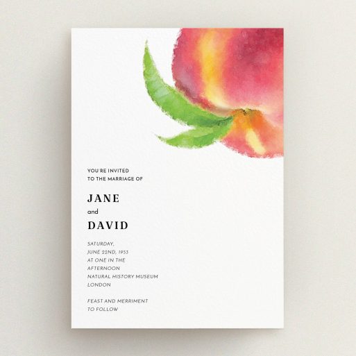 A personalised wedding invitation named "Summer peach". It is an A5 invite in a portrait orientation. "Summer peach" is available as a flat invite, with tones of white, orange and green.