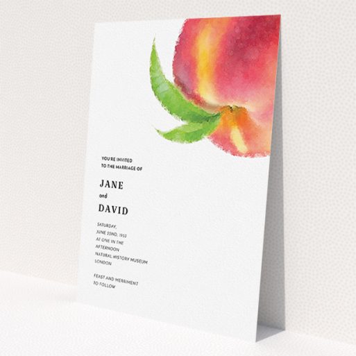 A personalised wedding invitation named 'Summer peach'. It is an A5 invite in a portrait orientation. 'Summer peach' is available as a flat invite, with tones of white, orange and green.